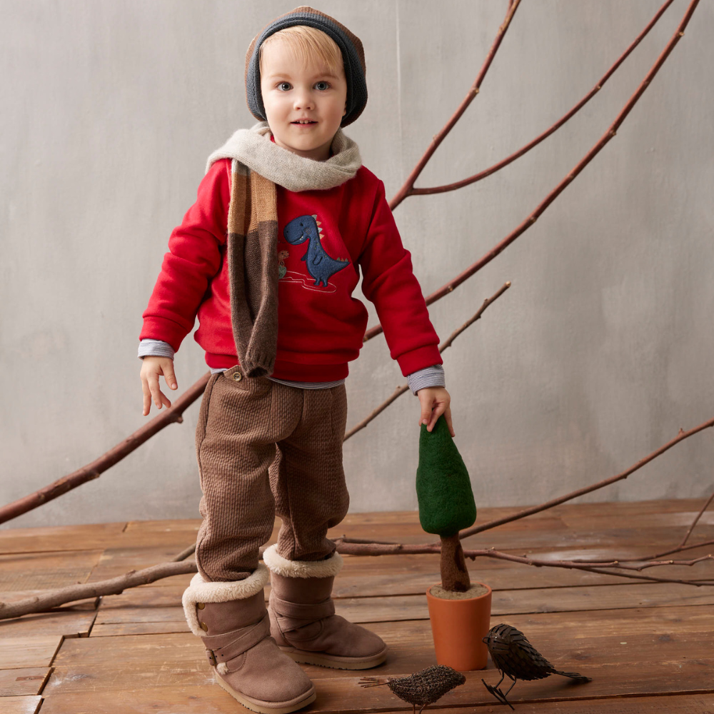 PIPPY可愛恐龍玩耍棉質圓領長袖上衣 紅