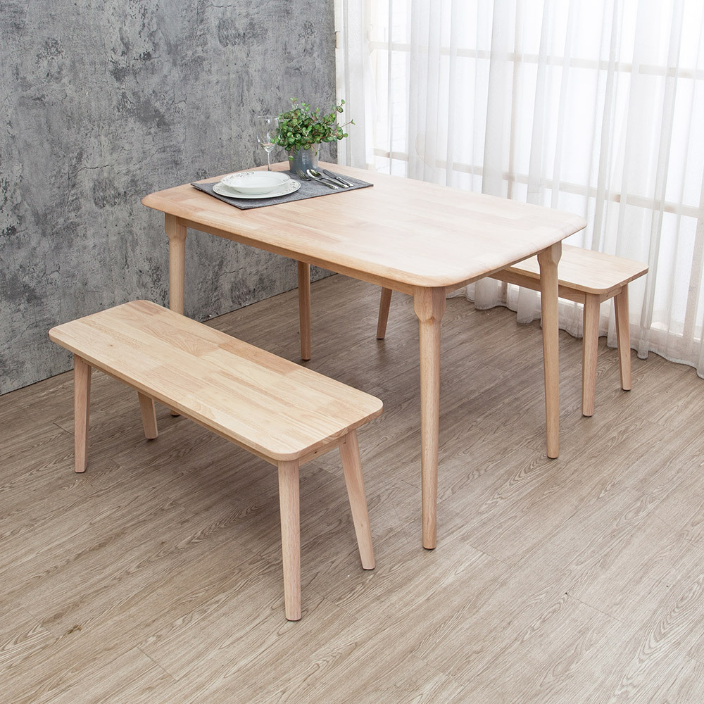 馬恩4尺實木餐桌+坦卡司3.3尺實木長凳桌椅組合-鄉村木紋色(一桌二長凳)