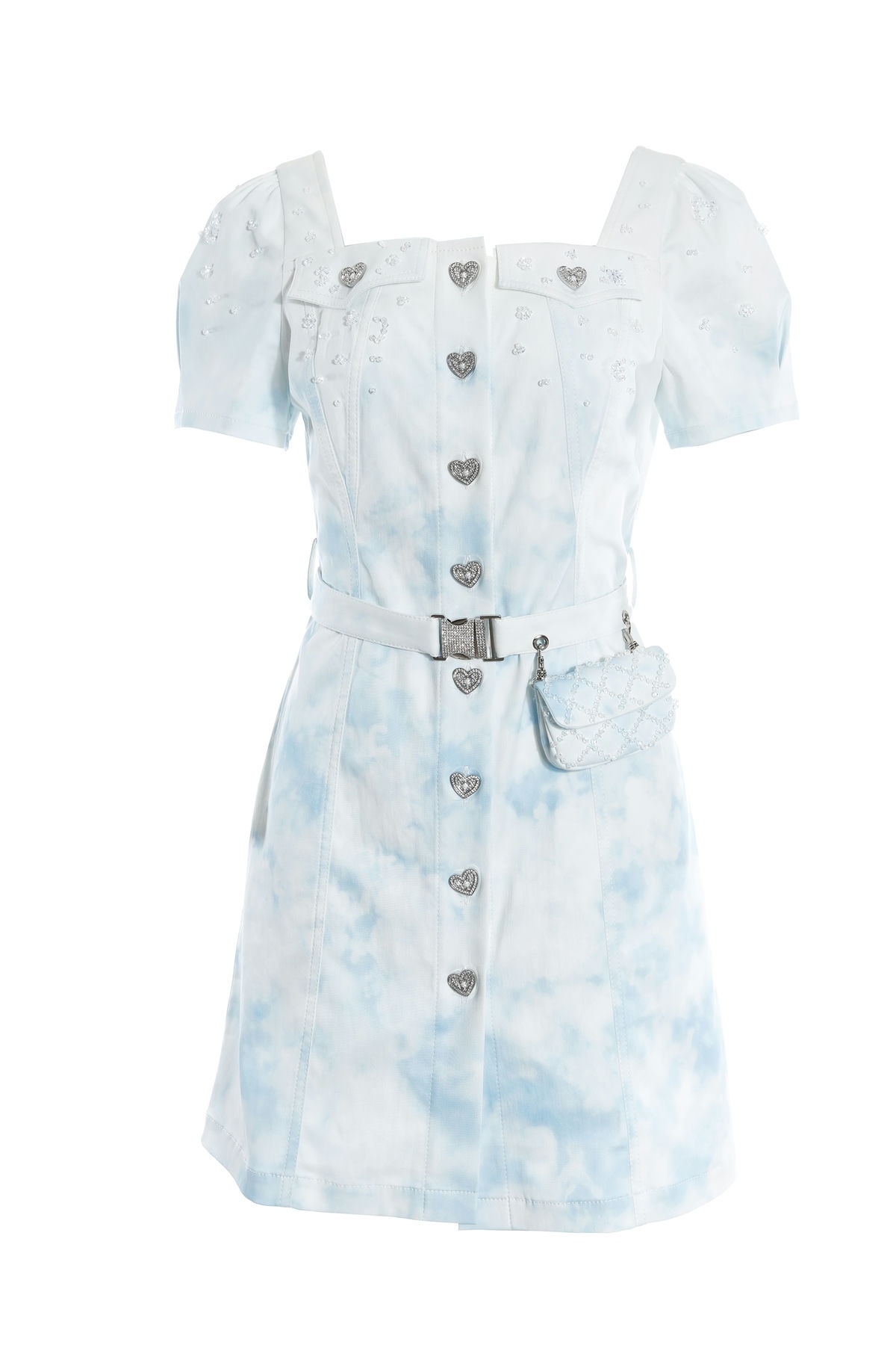 BC1EF072E1 漫步雲端仿牛仔天絲立體漸層連衣裙 ( 附腰帶 / 附水晶珍珠菱格紋小腰包 )