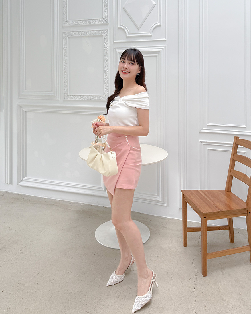 LINA LINA貴氣優雅珍珠滾邊打褶斜擺褲裙-甜美粉S-XL