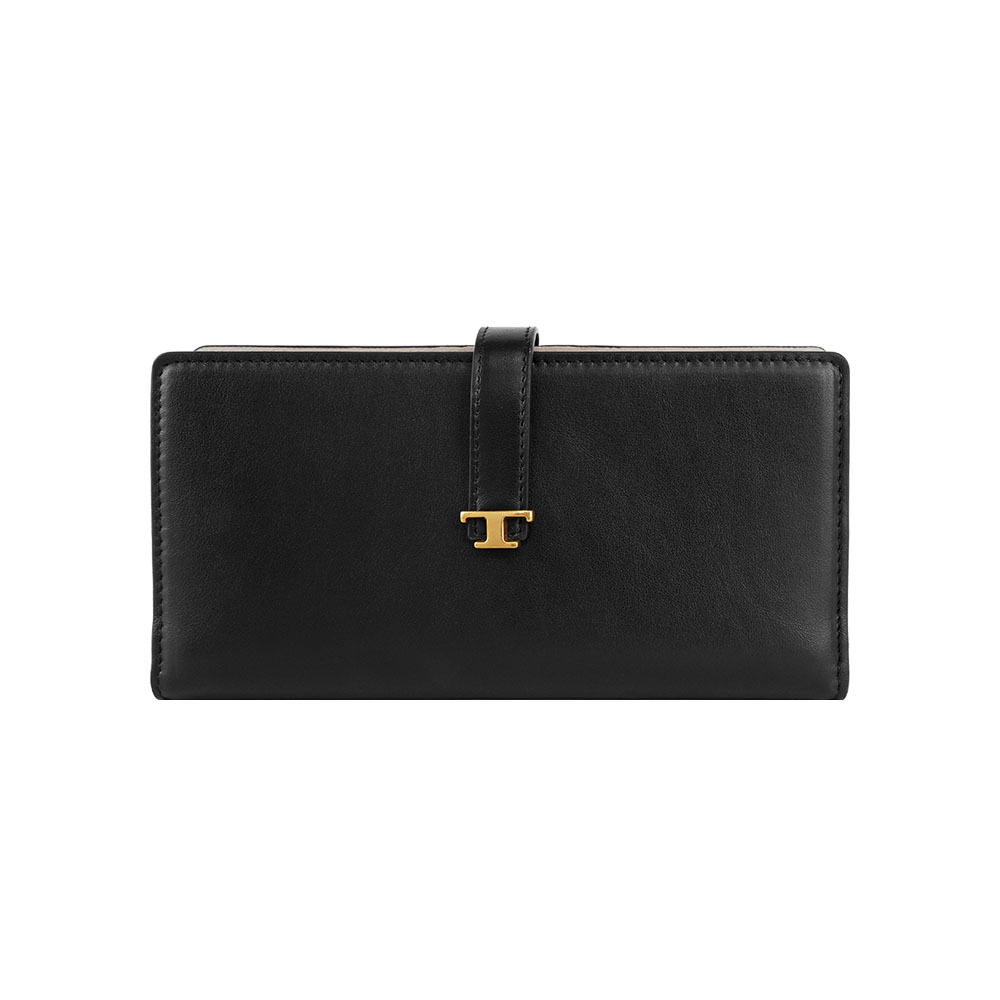 【Tod's】T Logo 牛皮拉鍊零錢袋釦式長夾(黑色)