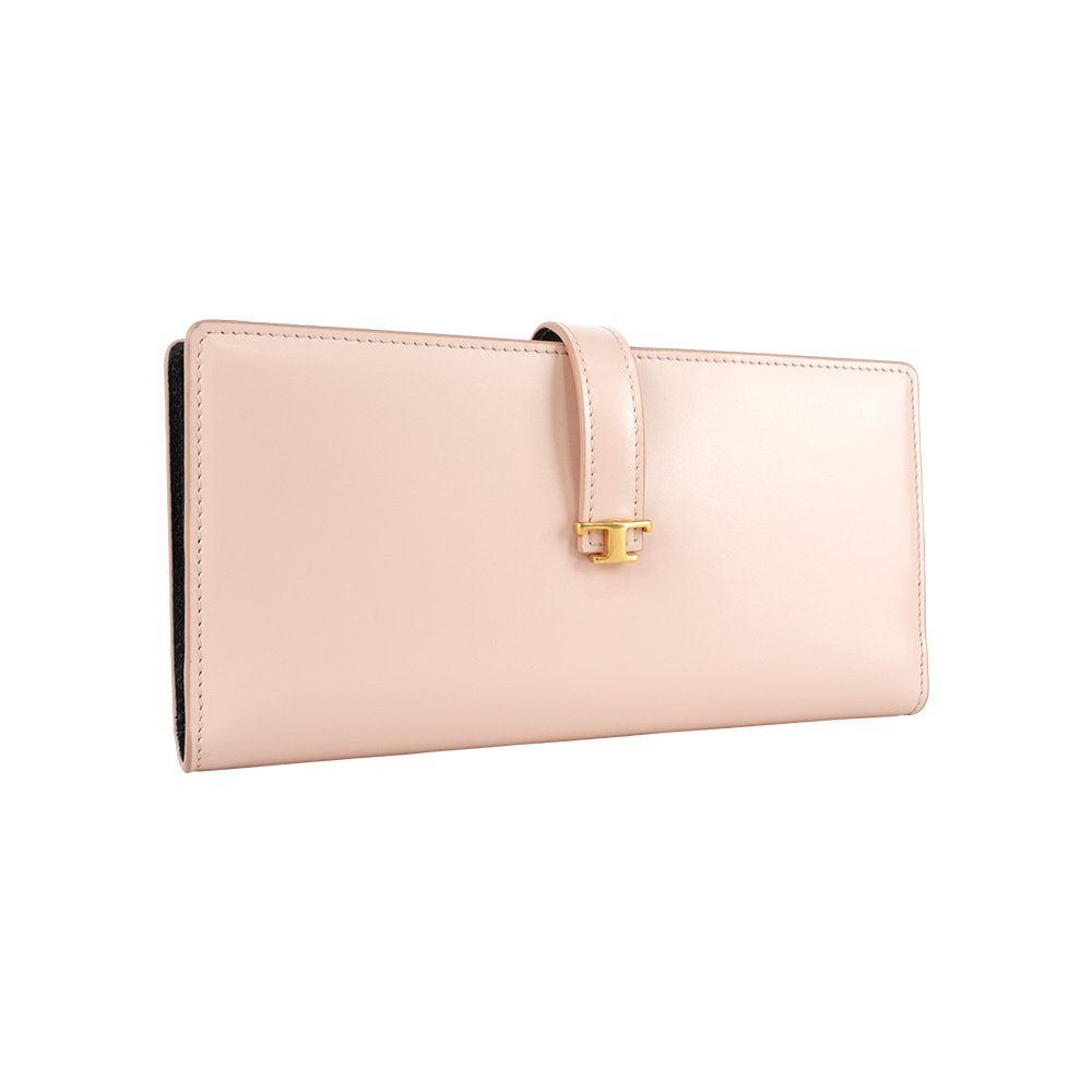 【Tod's】T Logo 牛皮拉鍊零錢袋釦式長夾(裸粉色)