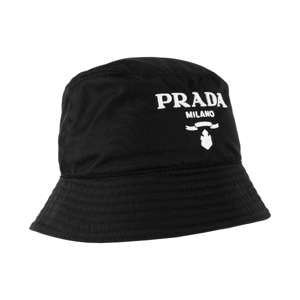 【Prada】Re-Nylon 白色刺繡尼龍漁夫帽 S/M (黑色)
