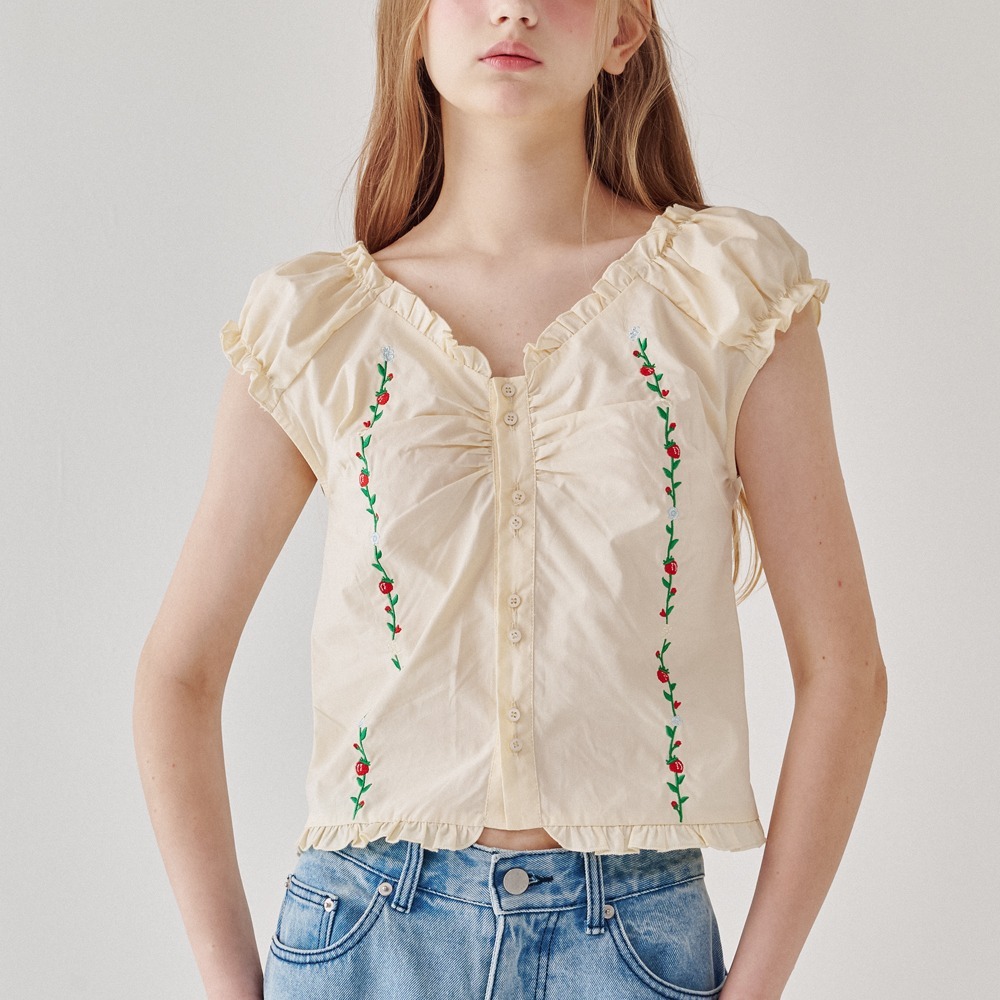 RONRON RASPBERRY EMBROIDERY FRILL BLOUSE