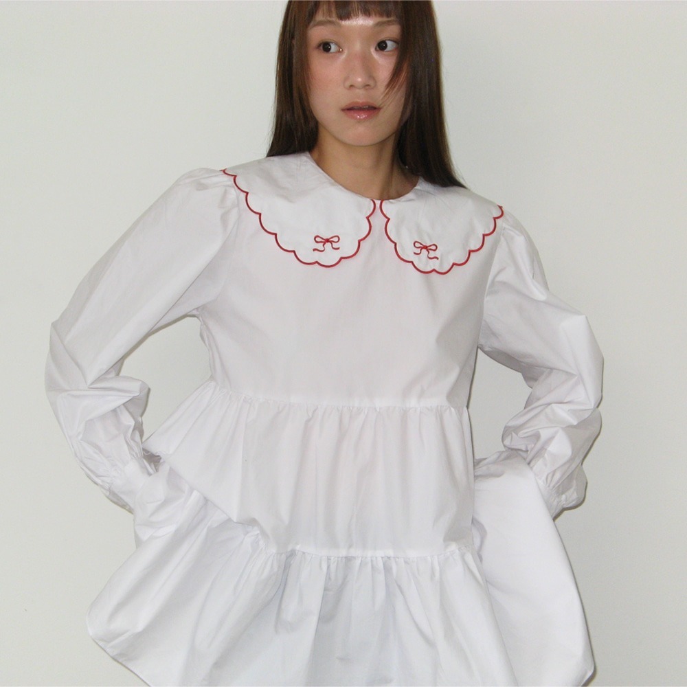 RONRON WAVY COLLAR RIBBON POINT CANCAN BLOUSE