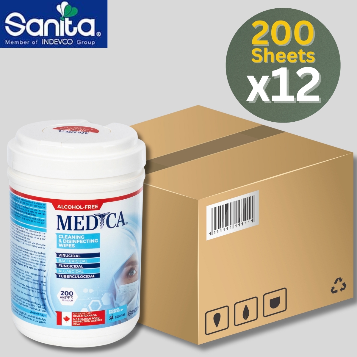 [原箱] Sanita 高效醫用消毒滅菌濕紙巾(不含酒精), 200張 x12