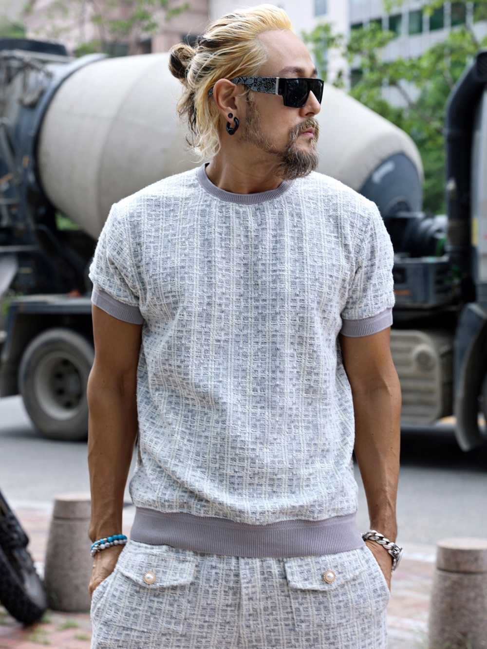 粗花呢圓領短袖T恤