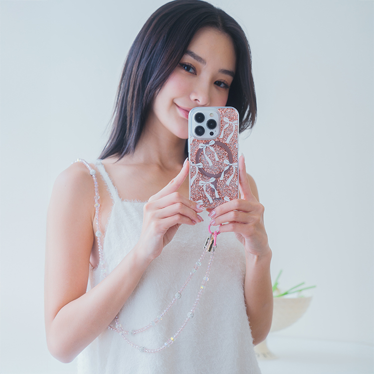 氣質方圓鑲鑽 (透粉) 手機掛繩  串珠掛繩 長掛繩 背帶