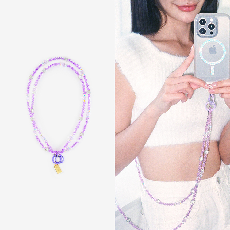 氣質方圓鑲鑽 (透紫) 手機掛繩  串珠掛繩 長掛繩 背帶