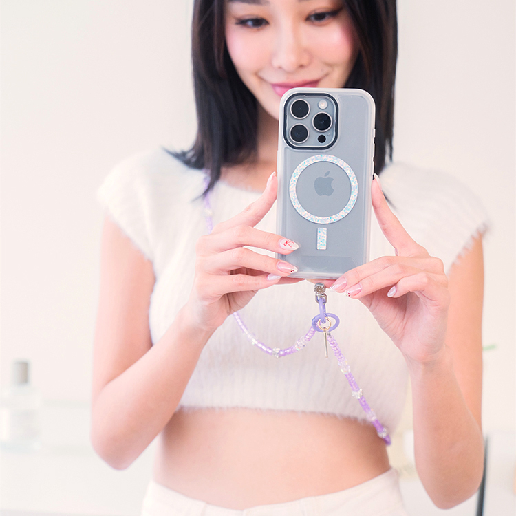 氣質方圓鑲鑽 (透紫) 手機掛繩  串珠掛繩 長掛繩 背帶