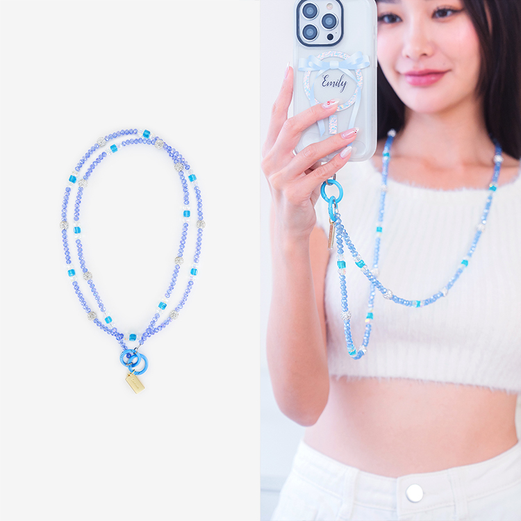 氣質方圓鑲鑽 (透藍) 手機掛繩  串珠掛繩 長掛繩 背帶