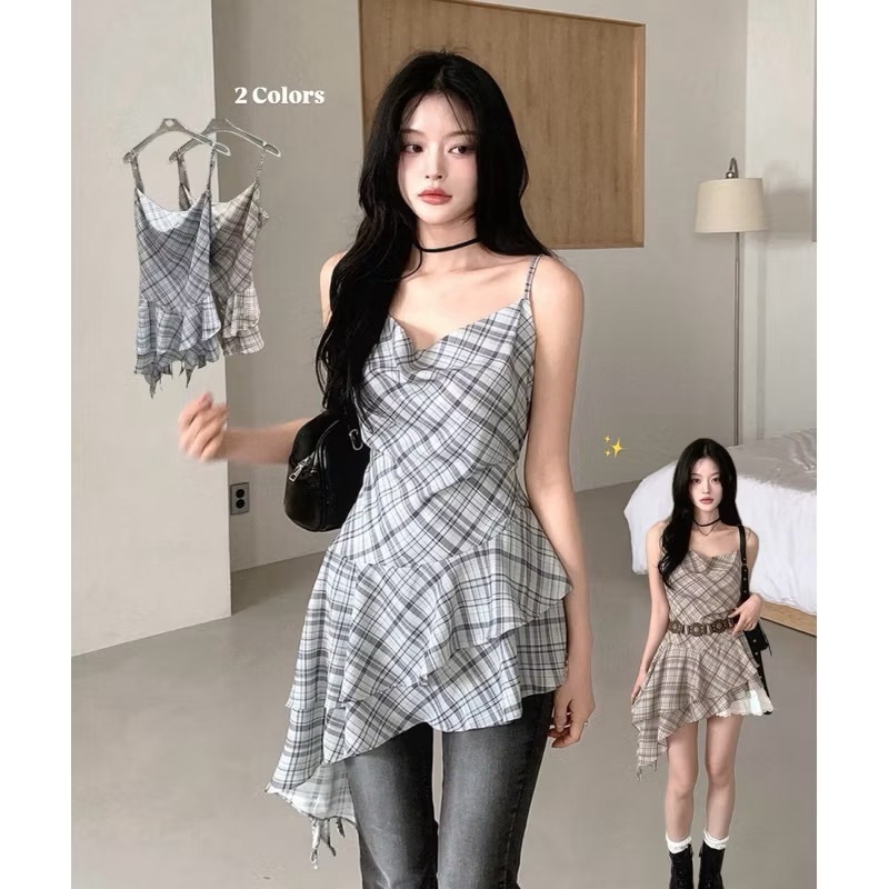 甜辣不對稱飄帶格紋背心/二色