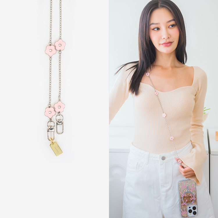 可愛花朵銀鍊 (粉) 手機掛繩  串珠掛繩 長掛繩 背帶