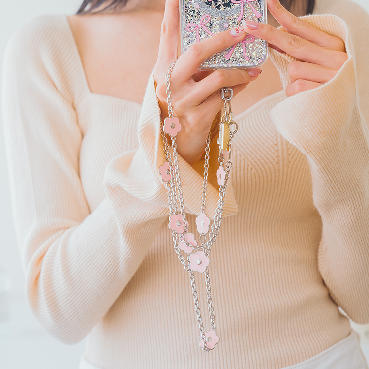 可愛花朵銀鍊 (粉) 手機掛繩  串珠掛繩 長掛繩 背帶