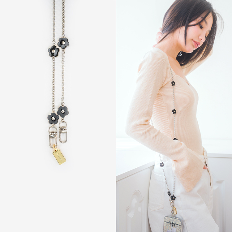 可愛花朵銀鍊 (黑) 手機掛繩  串珠掛繩 長掛繩 背帶