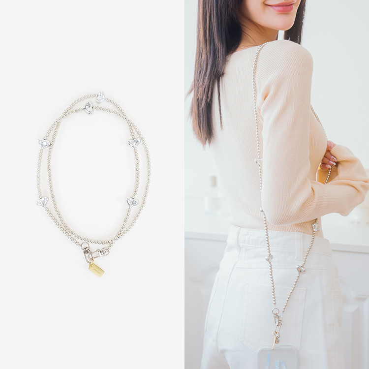 Y2K太空銀愛心 手機掛繩  串珠掛繩 長掛繩 背帶