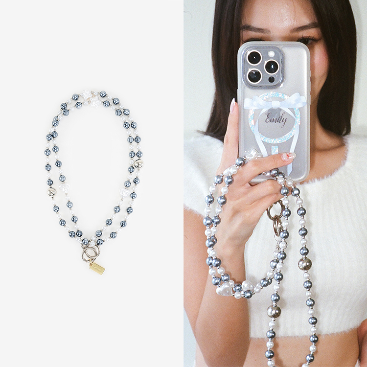 寶藏藍灰珍珠 手機掛繩  串珠掛繩 長掛繩 背帶