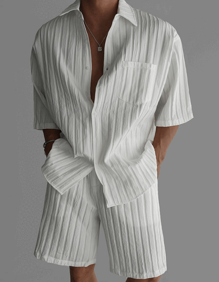 羅埃拉褶皺坑條短袖襯衫