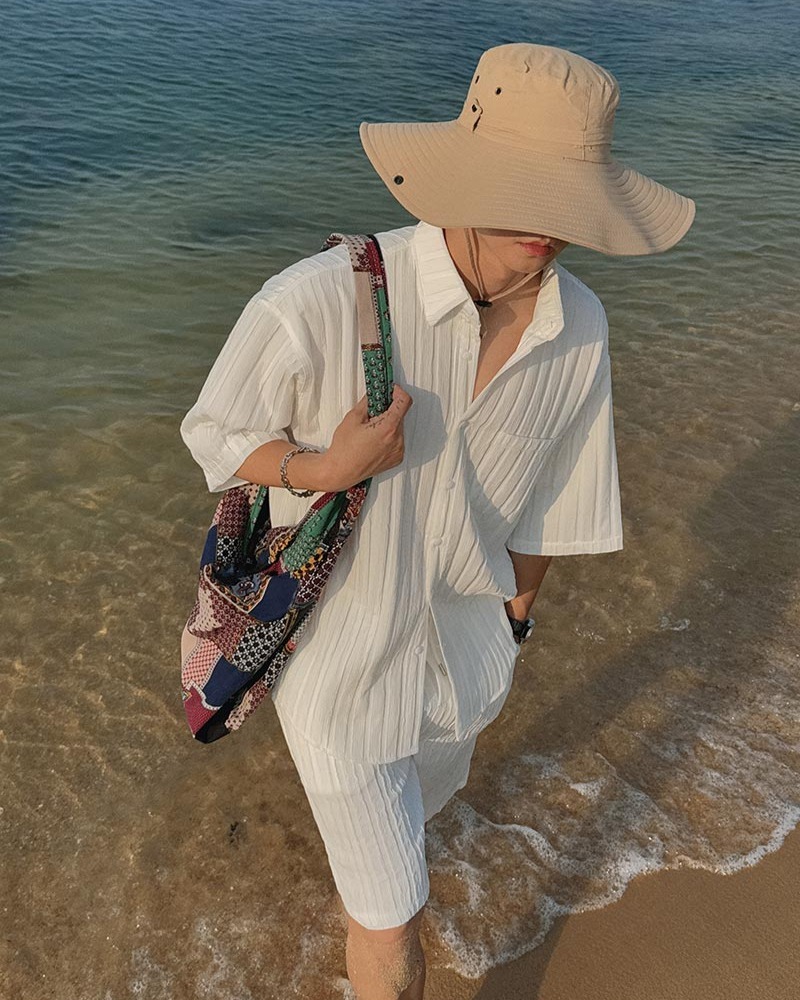 羅埃拉褶皺坑條短袖襯衫