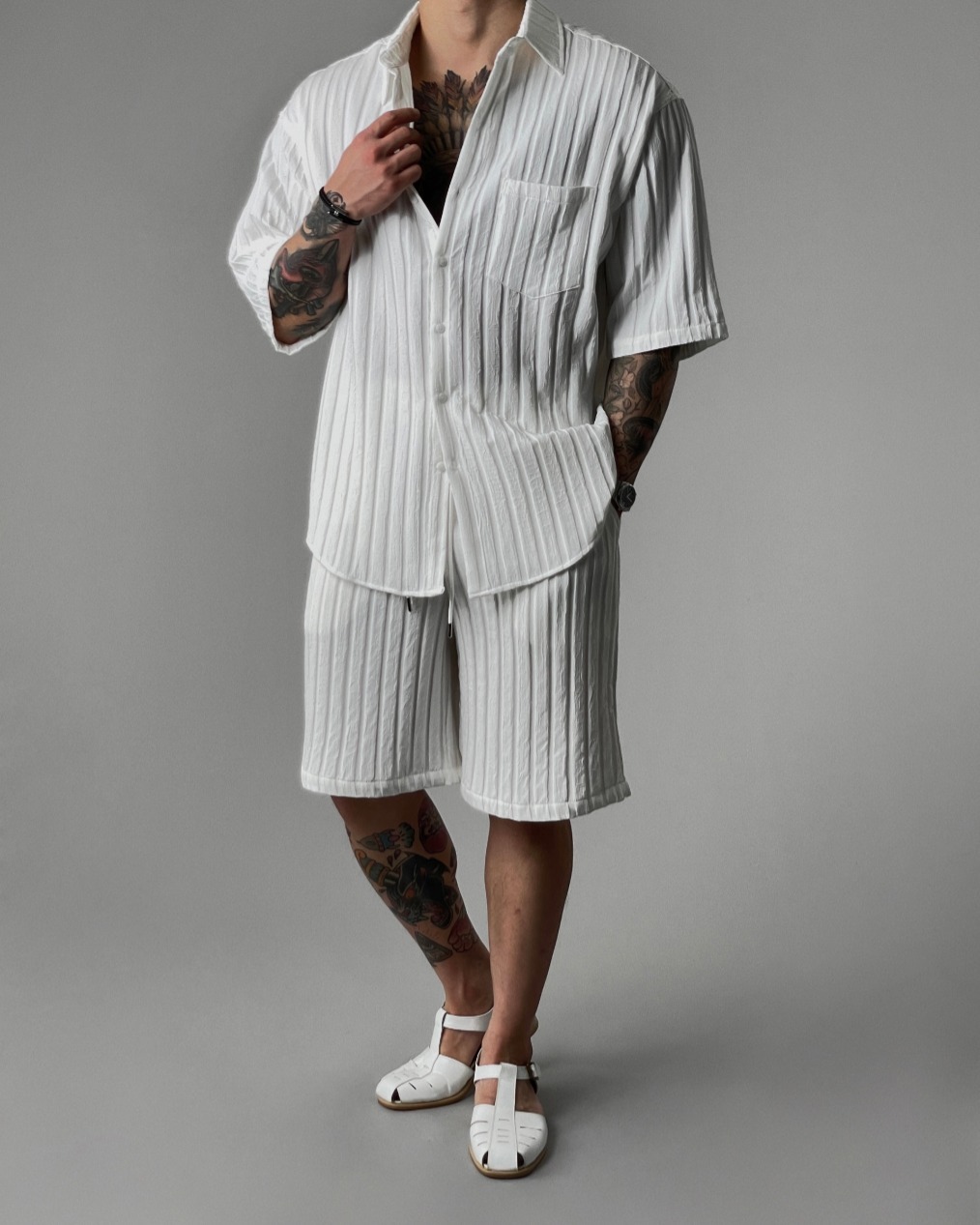 羅埃拉褶皺坑條短褲