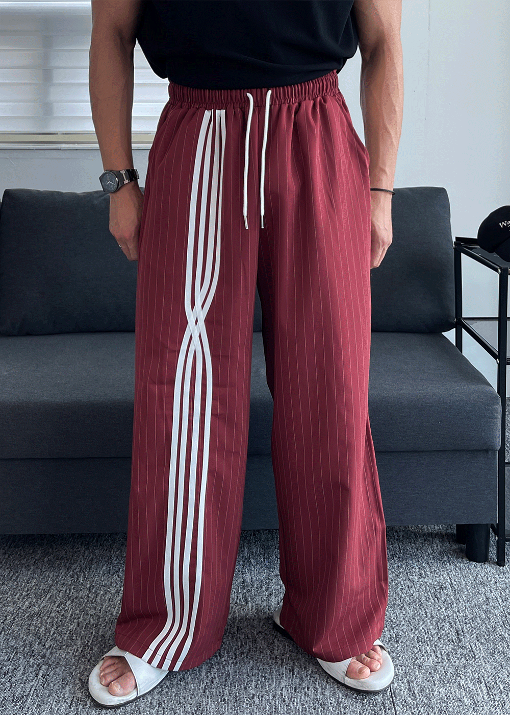 條紋運動弧形休閒褲