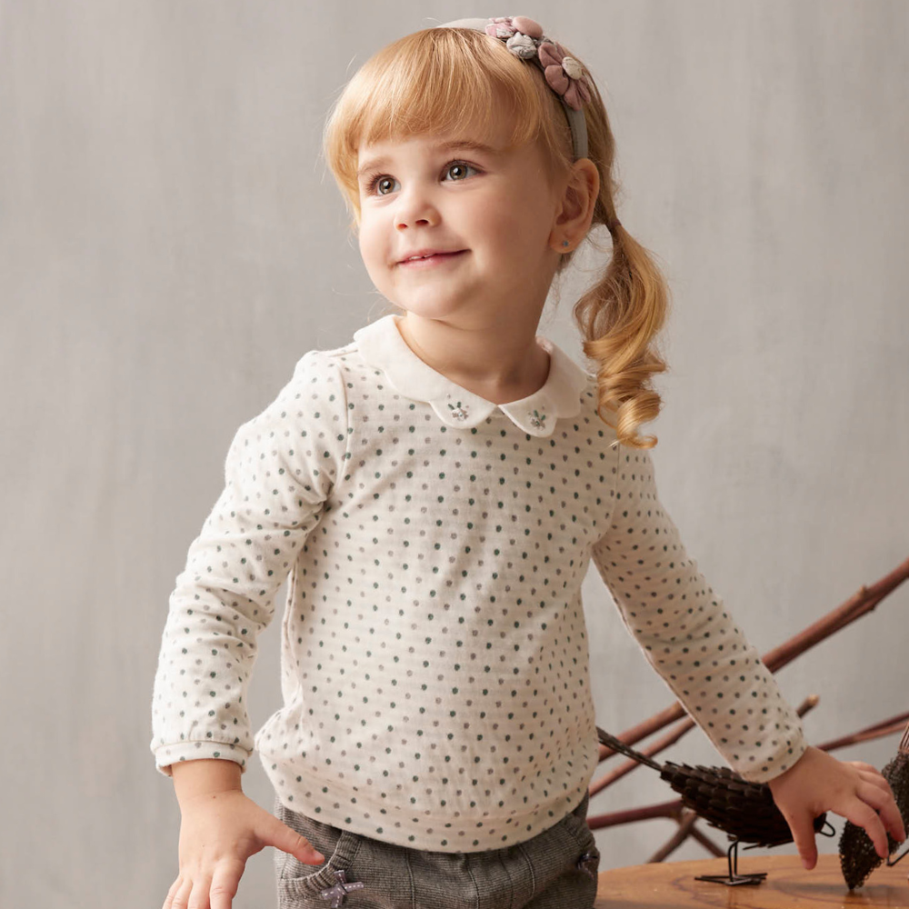 PIPPY 可愛點點花辮領棉質長袖上衣 綠