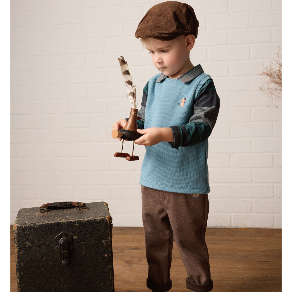 PIPPY經典格紋假兩件翻領棉質長袖上衣 藍