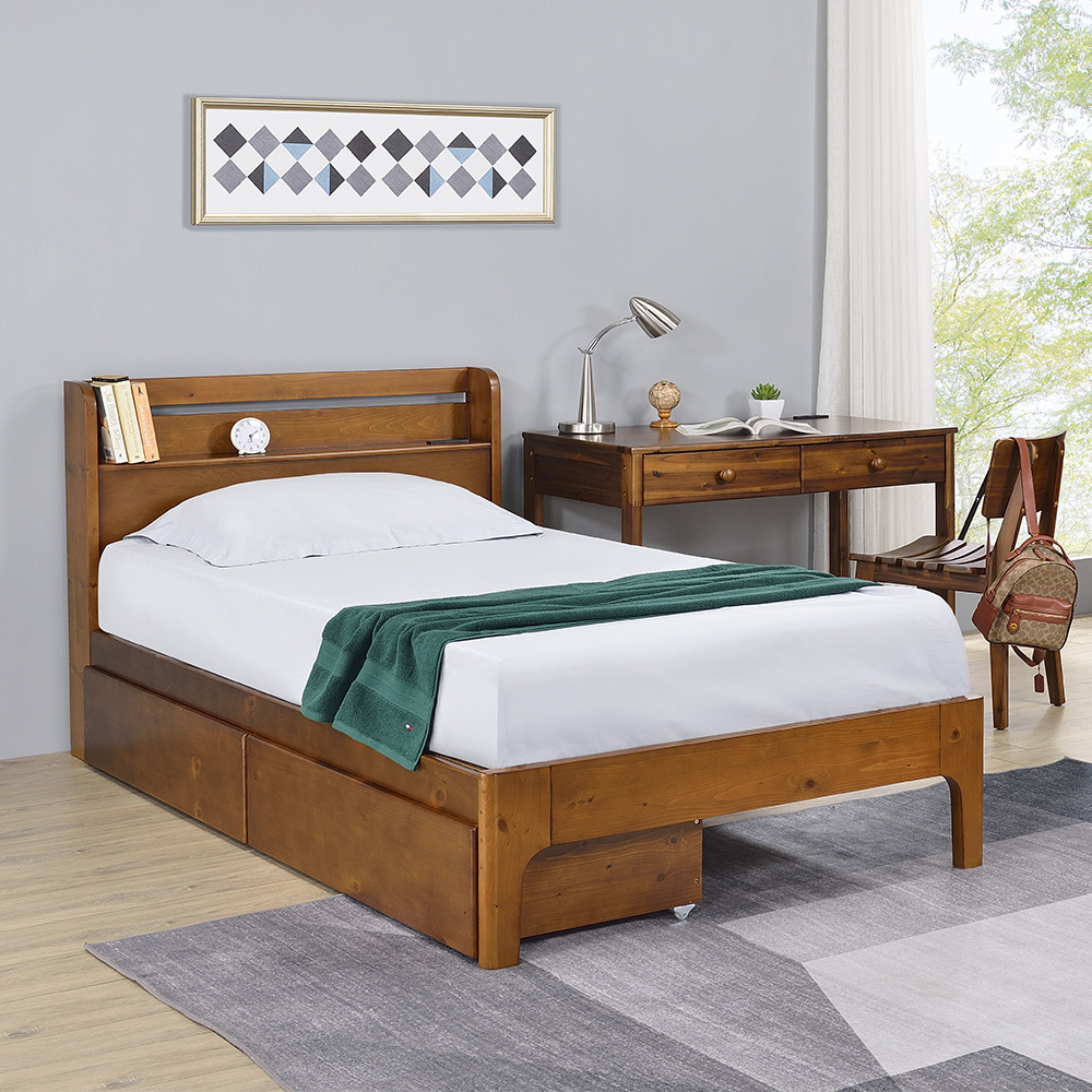 奧尼5尺雙人書架型實木床架/床組-收納抽屜型-附插座(兩色可選)