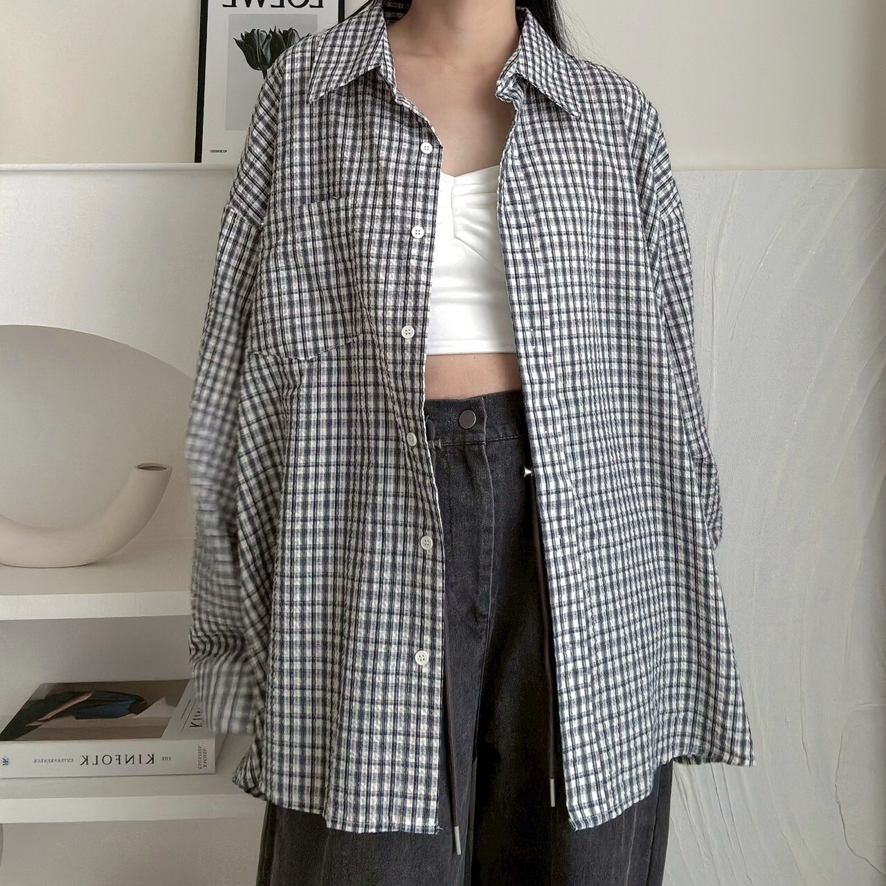 Oversize泡泡布格子襯衫（現貨）