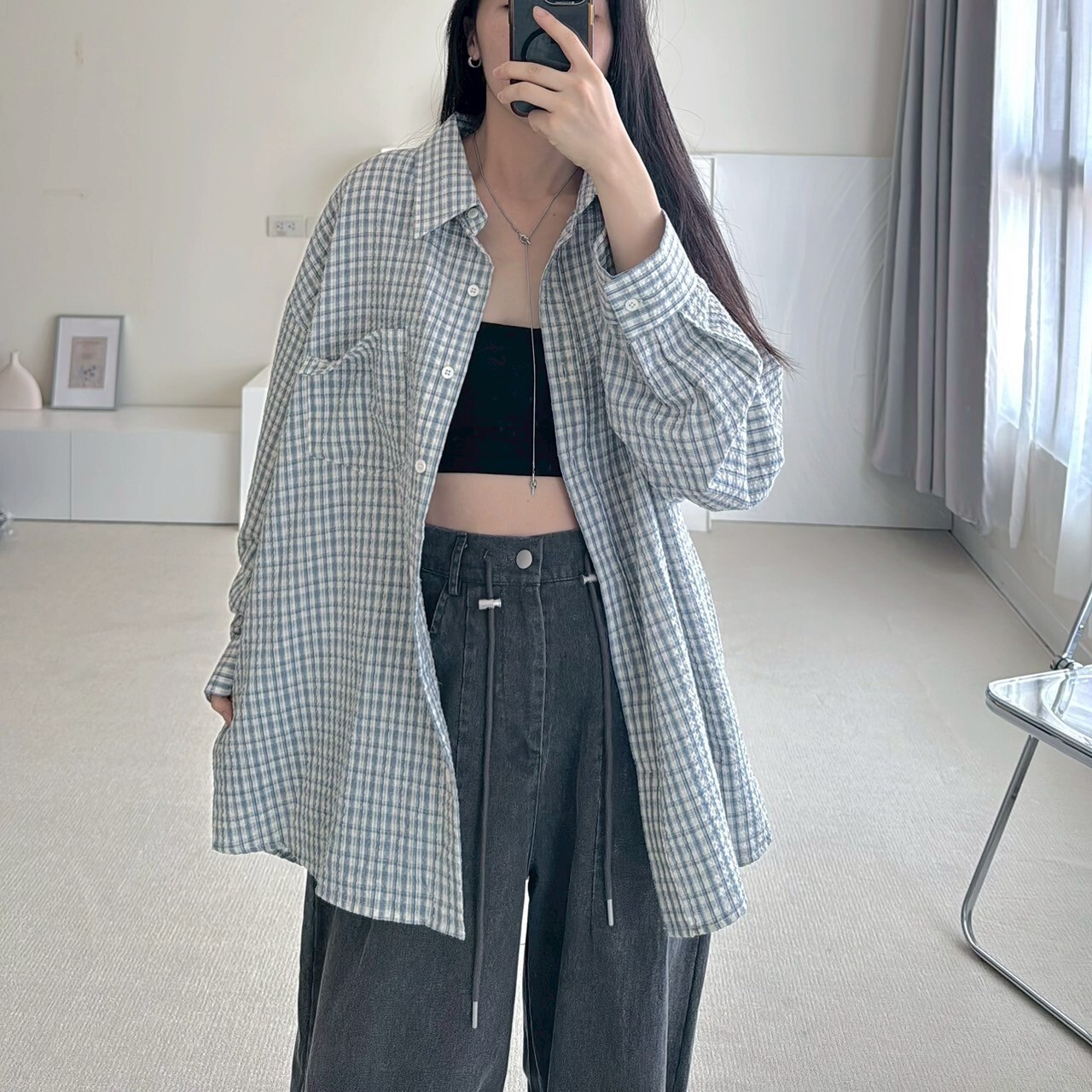 Oversize泡泡布格子襯衫（現貨）