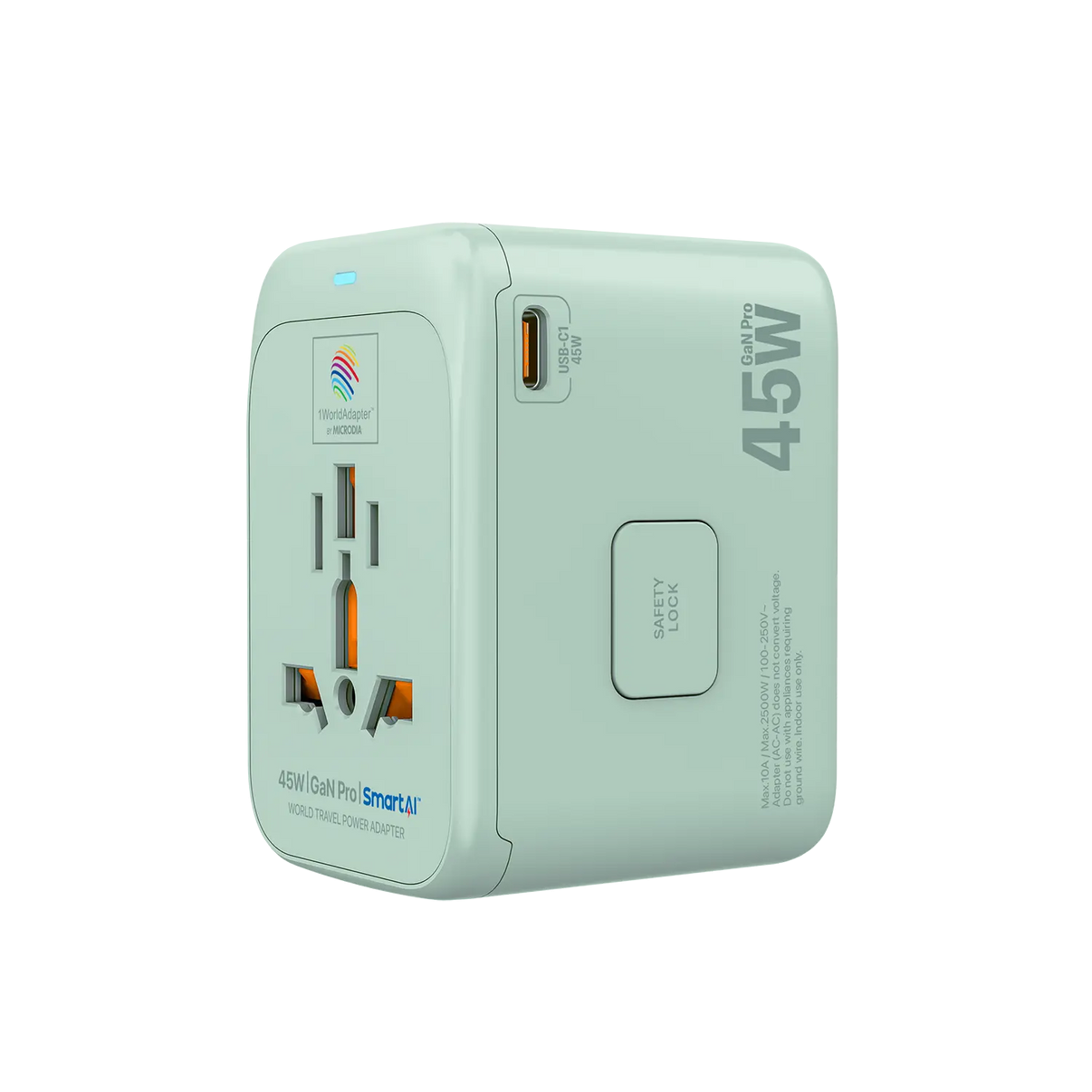 MICRODIA 1WorldAdapter™ PD45W GaN Pro™ 旅行充電器 - 附 3 支 USB-C PD3.2 和 USB-A QC4+ PPS 快速充電