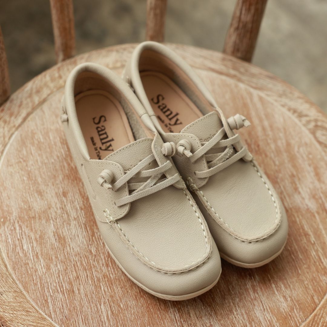 唐納帆船休閒鞋 米白灰(真皮女鞋/台灣製MIT/寬楦)