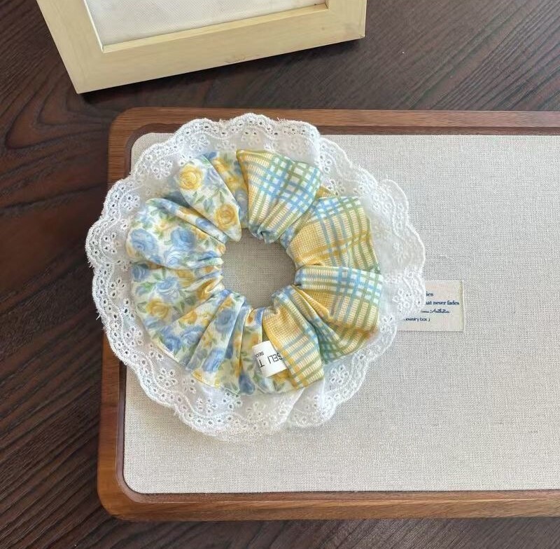 [3 FOR RM10] Blue Gingham Forest Floral Scrunchies