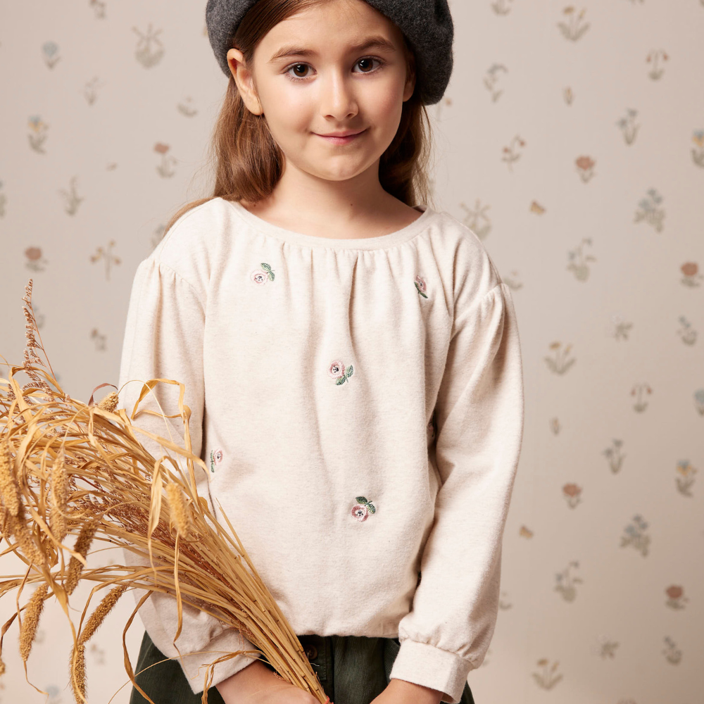 PIPPY刺繡小花落肩彈性棉圓領上衣 米