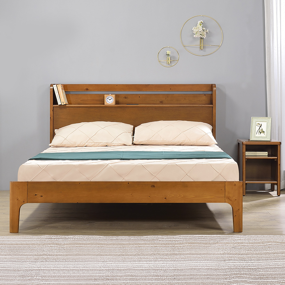 奧尼5尺雙人書架型實木床架/床組-附插座(兩色可選)