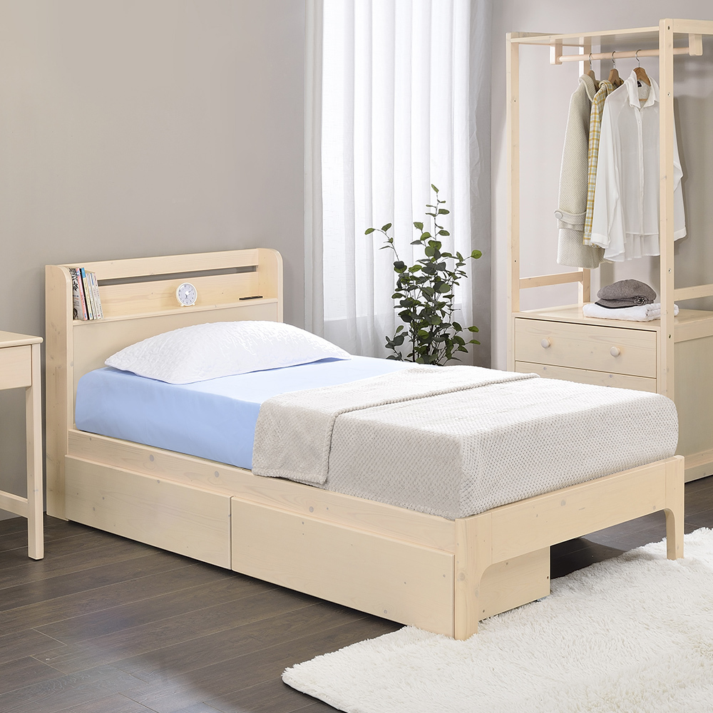 奧尼3.5尺單人書架型實木床架/床組-收納抽屜型-附插座(兩色可選)