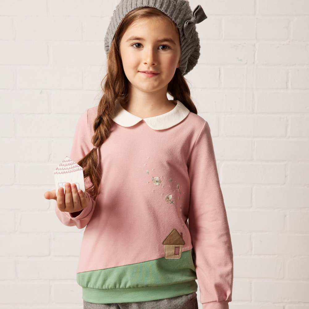 PIPPY 氣質小翻領可愛小屋彈性棉長袖上衣 粉