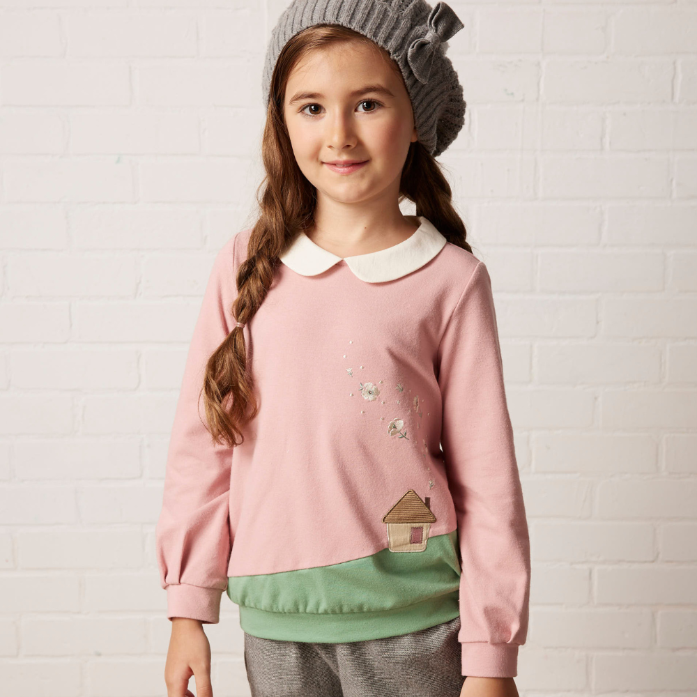 PIPPY 氣質小翻領可愛小屋彈性棉長袖上衣 粉