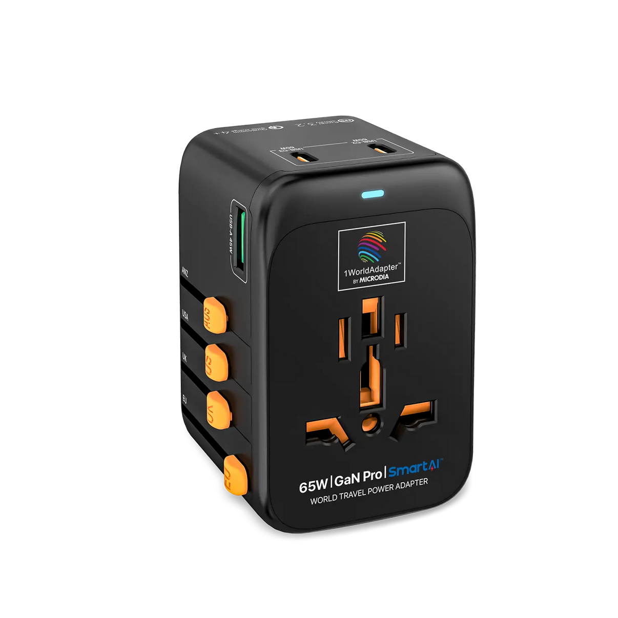 MICRODIA 1WorldAdapter™ PD65W GaN Pro™ 旅行充電器 - 附 3 支 USB-C PD3.2 和 USB-A QC4+ PPS 快速充電