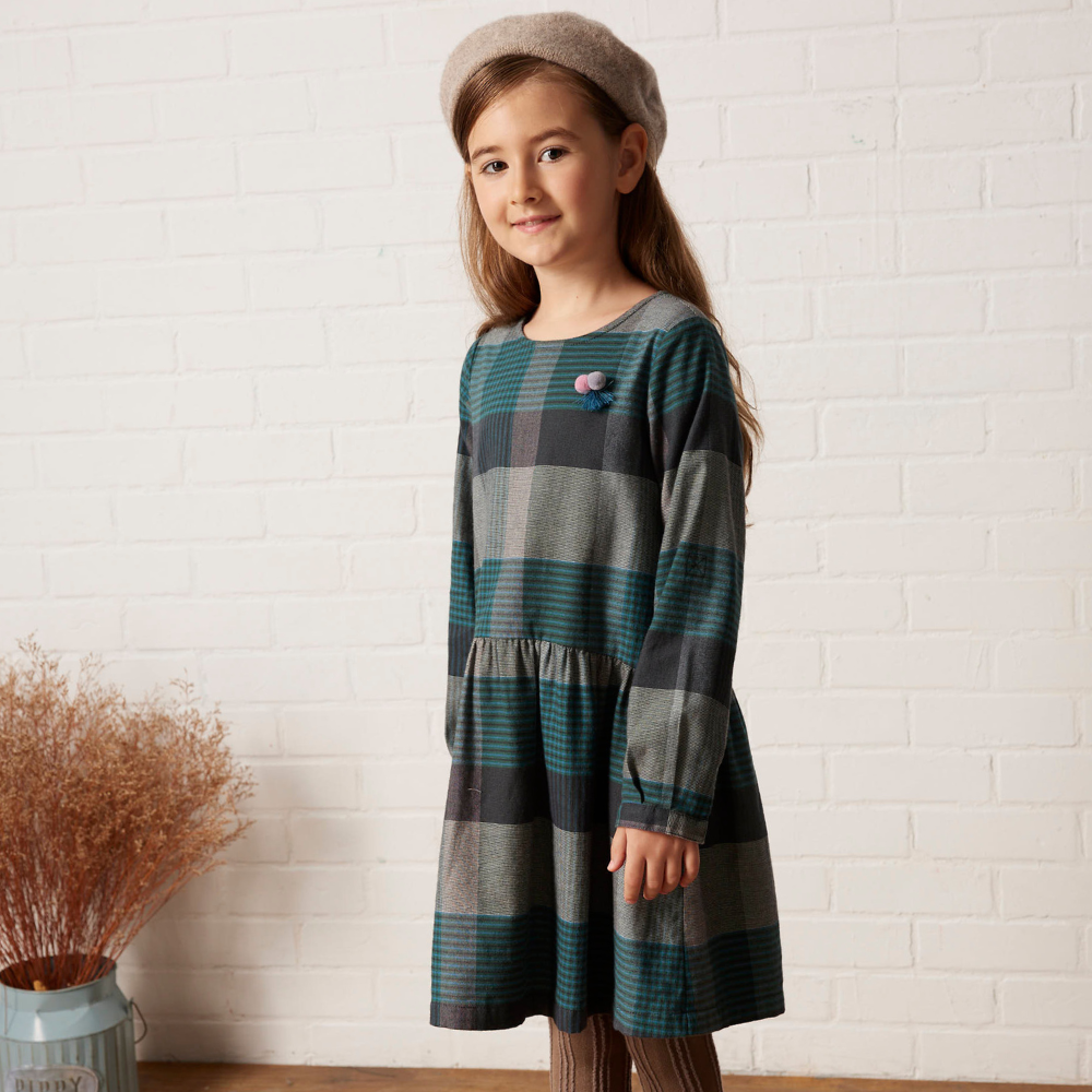 PIPPY氣質格紋圓領棉質連身裙洋裝 綠