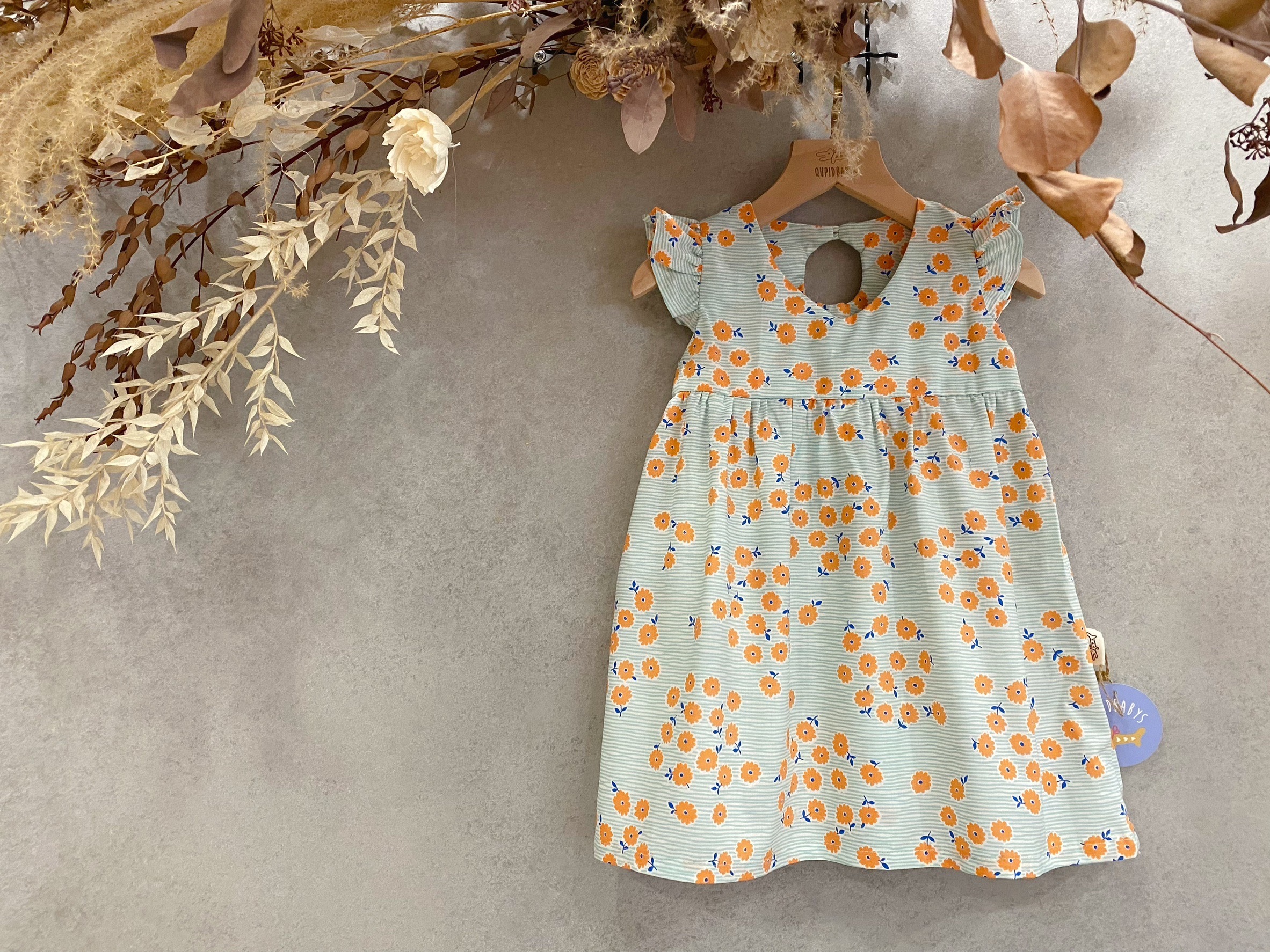 綠條橘花 高腰洋裝(130)