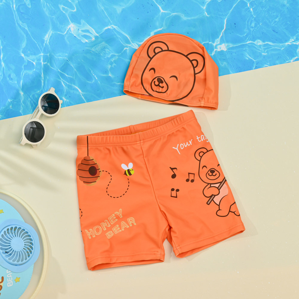 TB551-童超彈平口泳褲附同款帽-印花