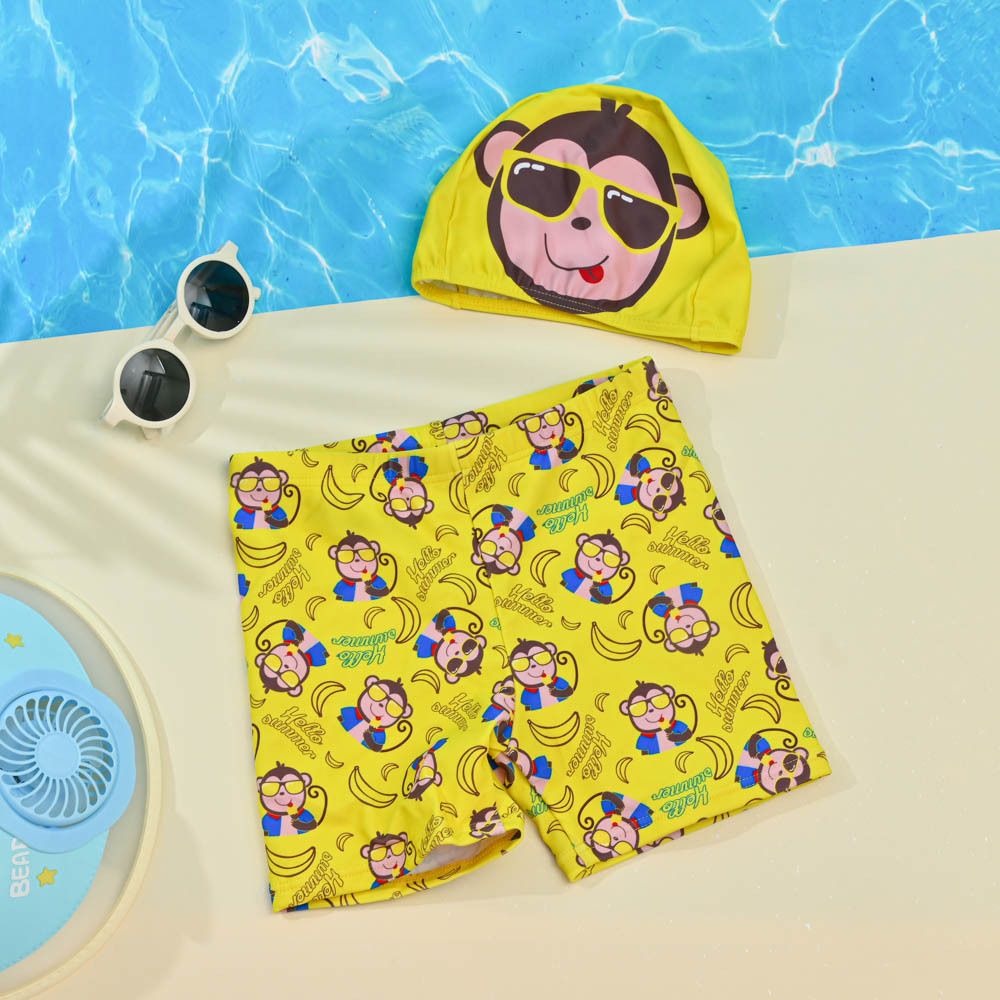 TB555-童超彈平口泳褲附同款帽-印花