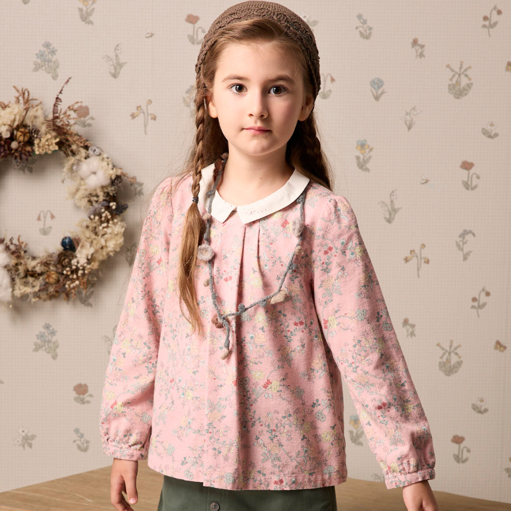 PIPPY田園碎花小圓翻領棉質長袖上衣 粉