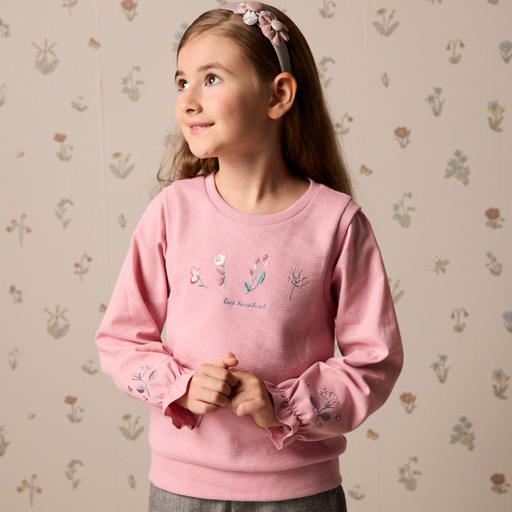 PIPPY 優雅繡花棉質圓領長袖上衣 粉