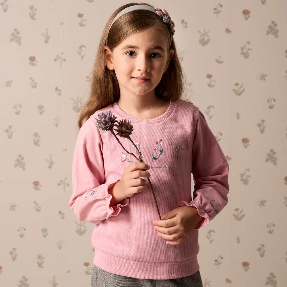 PIPPY 優雅繡花棉質圓領長袖上衣 粉