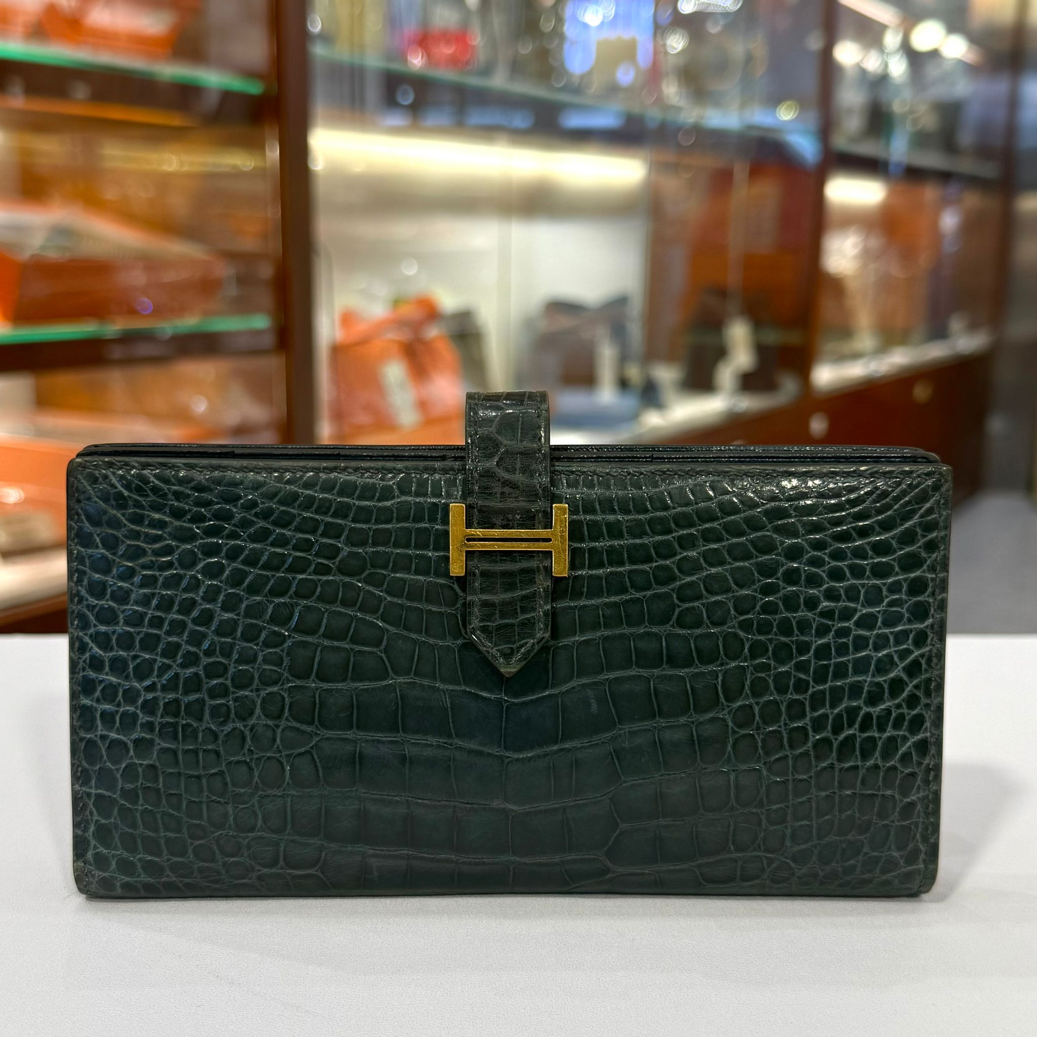 95%NEW二手HERMES長銀包 R刻 孔雀綠鱷魚皮/金扣 Z6 MALACHITE CROCODILE GHW Bearn long Wallet #香榭站正品