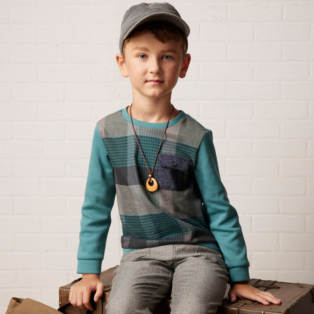 PIPPY格紋假兩件彈性棉圓領長袖上衣 灰綠