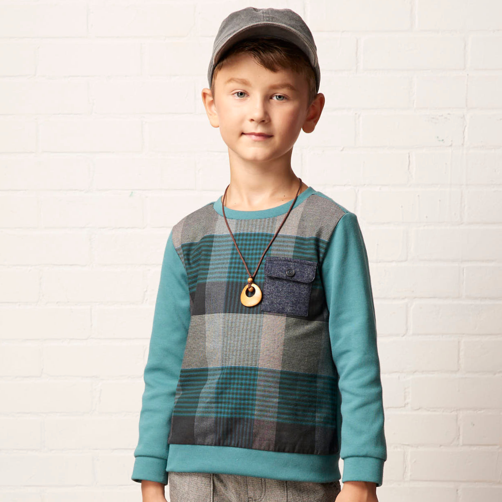 PIPPY格紋假兩件彈性棉圓領長袖上衣 灰綠