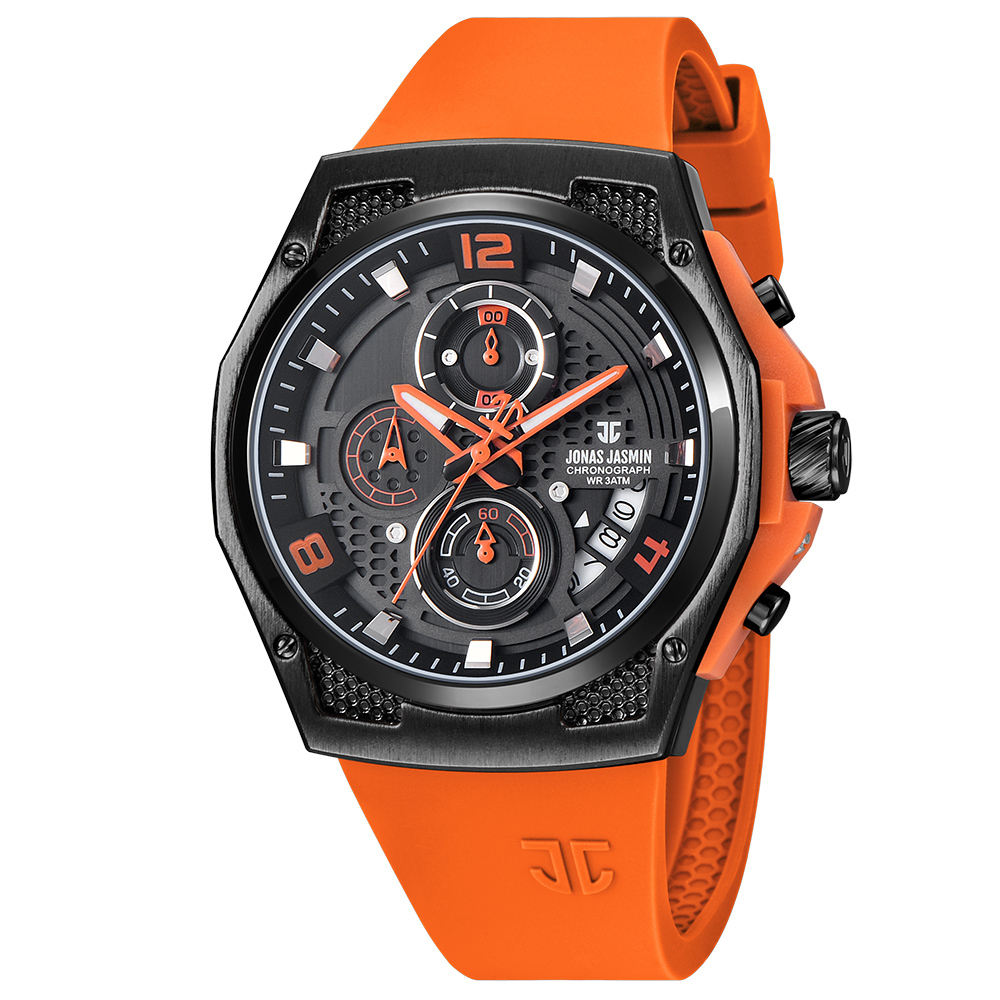【Jonas Jasmin 喬納斯】 JJ-5370MC 三眼 計時 日期 夜光 指針 刻度 石英 潮流 多色 鮮豔 搶眼 手錶